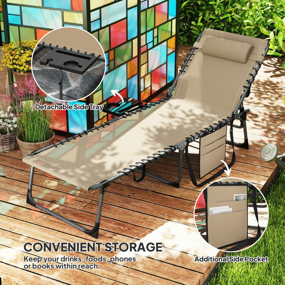 image 1 of Outsunny Folding Sun Lounger with 5-Level Reclining Back, Side Table, Beige 