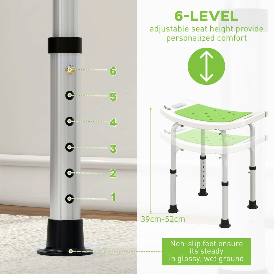 image 1 of HOMCOM Adjust Aluminium Bath Stool Shower Non-Slip w/ Shower Hole, Green