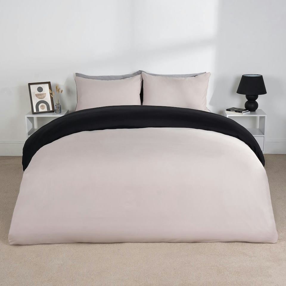image 1 of OHS Microfibre Reversible Plain Duvet Cover and Pillowcase Set, King - Black/Natural