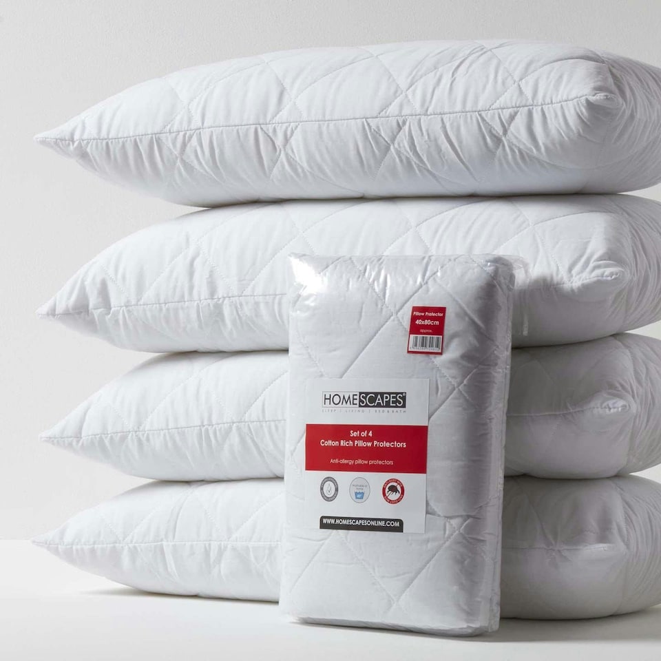 image 1 of Homescapes Cotton Rich Quilted Pillow Protectors - 40 x 80 cm - Pack of 4 | White