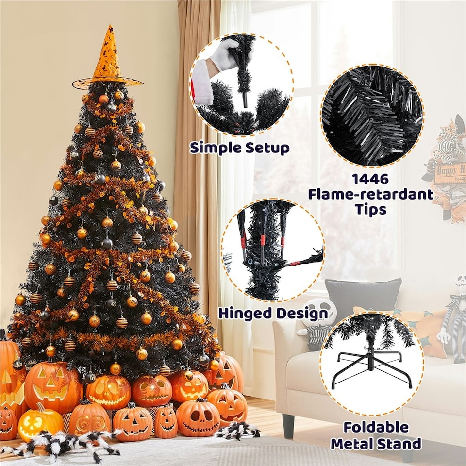 image 1 of Yaheetech 219 cm Tall Hinged Fir Holiday Decoration Artificial Christmas Tree Black