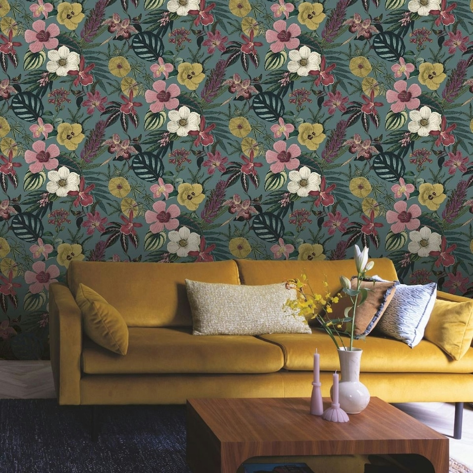 image 1 of Rasch Priya Floral Wallpaper - Multicoloured/Petrol - 10m x 53cm Multi