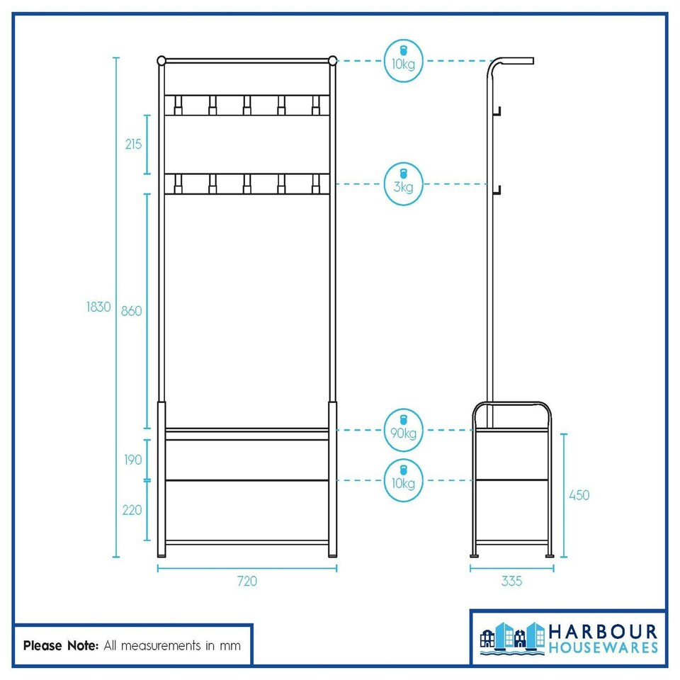 image 1 of Harbour Housewares Curved Steel Coat Rack with Shoe Storage Bench - Coat Rack Coat Stand Hat Hook Clothing Rail Shoe Rack Hall Storage S
