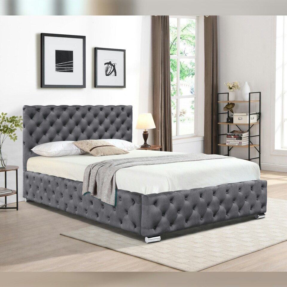 image 1 of 5ft Kingsize Tufted Fabric Bed Frame In Grey