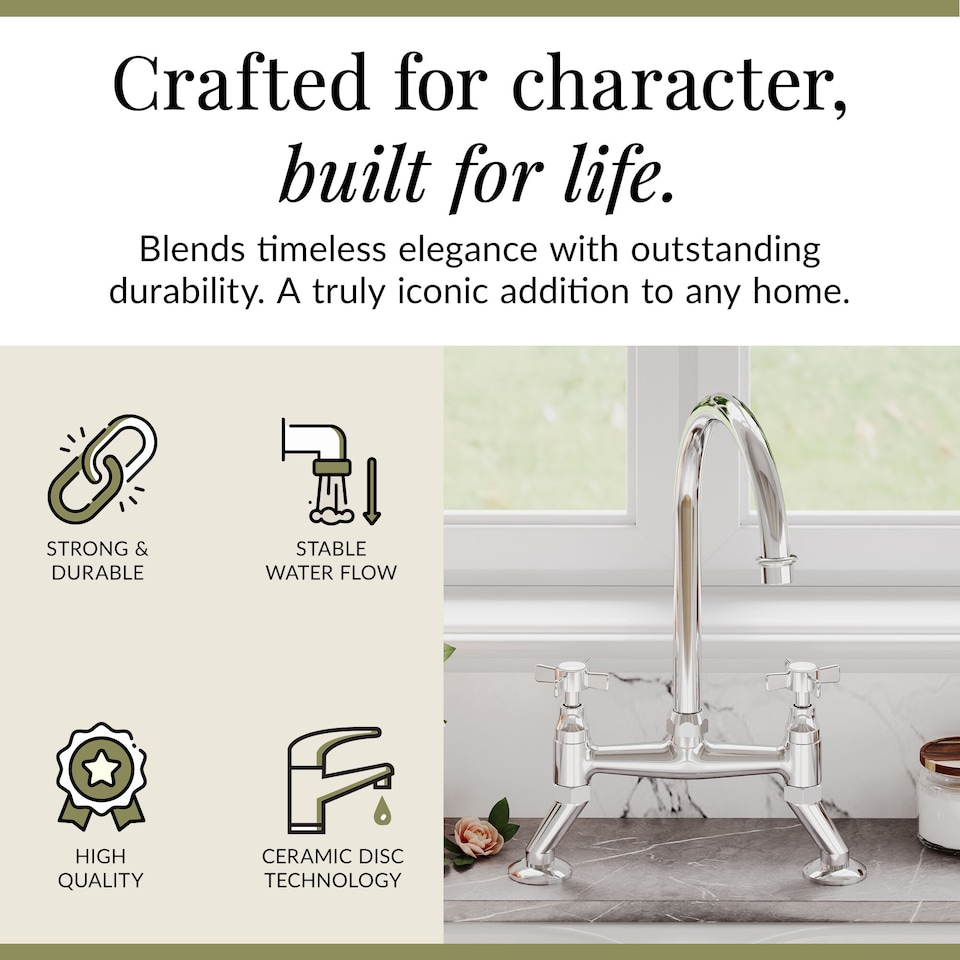 image 1 of Traditional Kitchen Bridge Sink Mixer Tap - Chrome Crosshead Handles | Silver | Chrome | 1