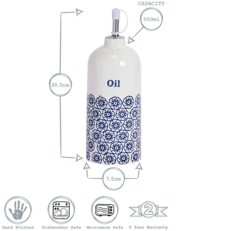 image 1 of Nicola Spring Hand-Printed Olive Oil Pourer Bottle - 500ml - Navy
