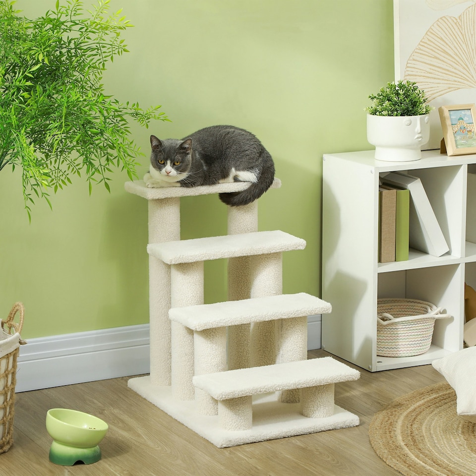 image 1 of PawHut Dog Steps for Bed 4 Step Pet Stairs for Dog Cat Climb Ladder Cream