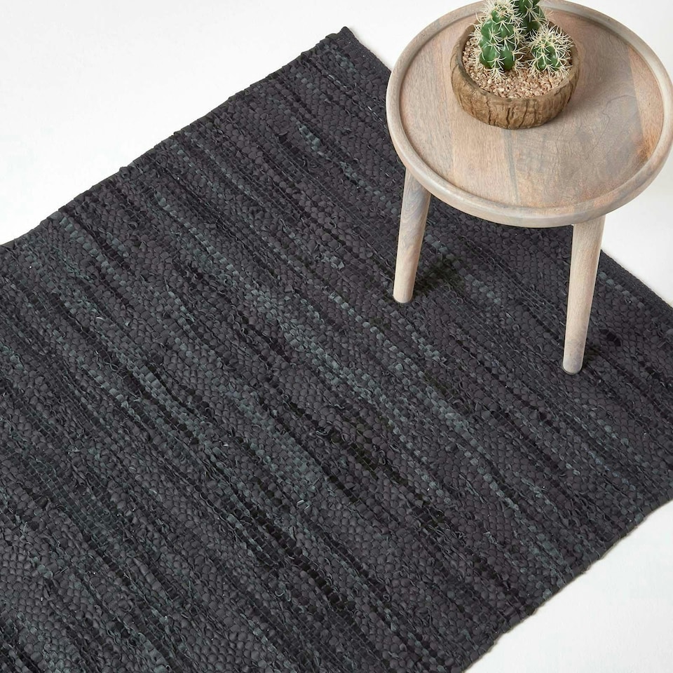 image 1 of Homescapes Denver Leather Woven Rug Black - 90 x 150 cm | Black | Black