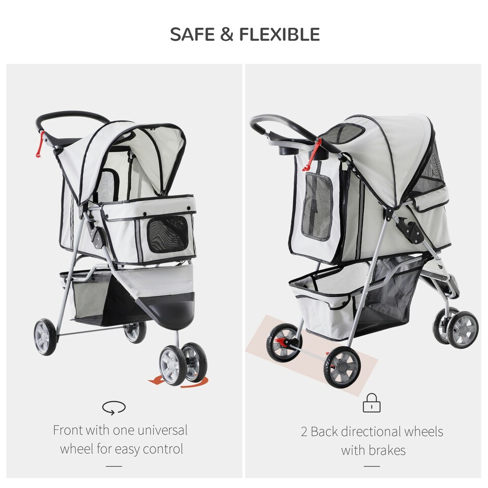image 1 of PawHut Pet Stroller Pushchair Carrier for Cat Puppy with 3 Wheels Grey