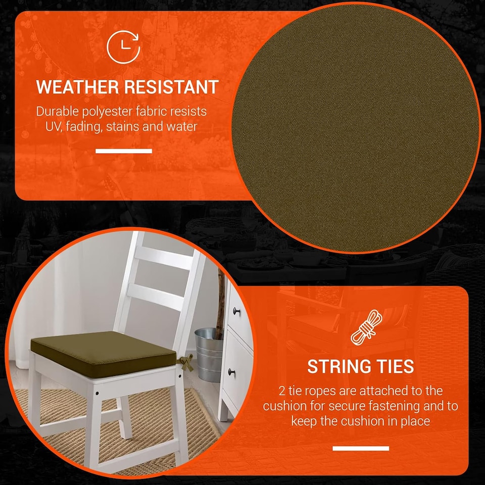 image 1 of Water Resistant Chair Cushions with Ties | Indoor & Outdoor Seat Pads | 44cm x 50cm | Brown | (Pack of 1)