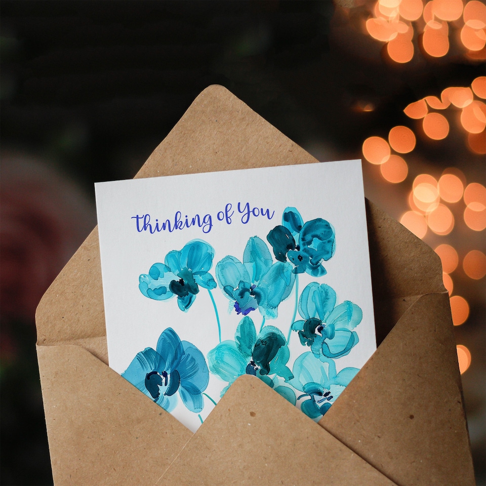 image 1 of Thinking Of You Orchid Flowers Blue Watercolour Sympathy Card