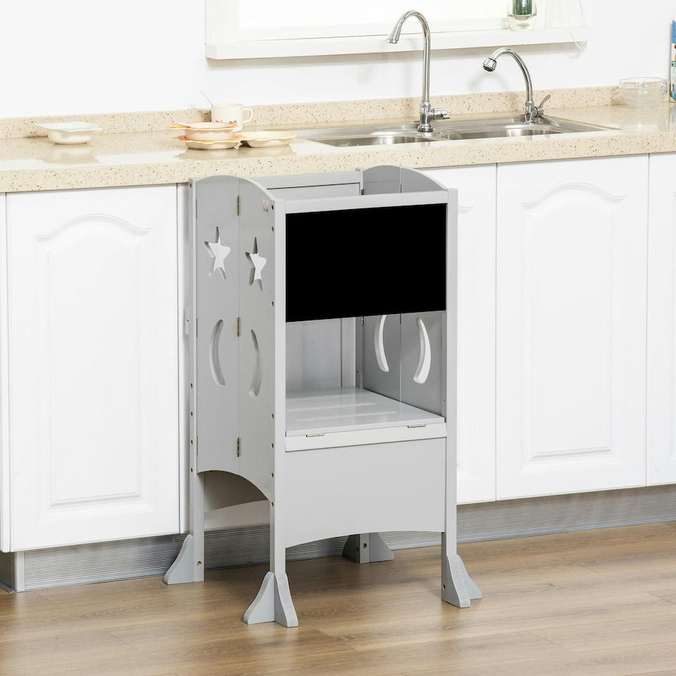 image 1 of HOMCOM Kids Step Stool Toddler Kitchen Stool with Blackboard Lockable Handrail 