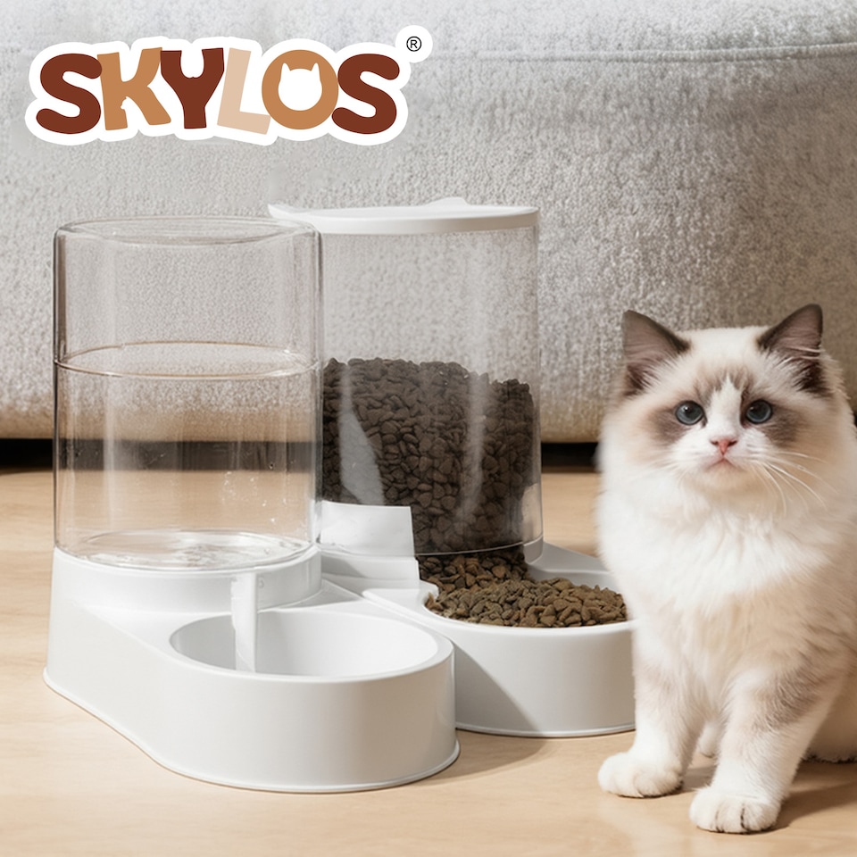 image 1 of Skylos 2 Packs Automatic Food Feeder Waterer Set 3.2L Plastic Dispenser Dog Cat
