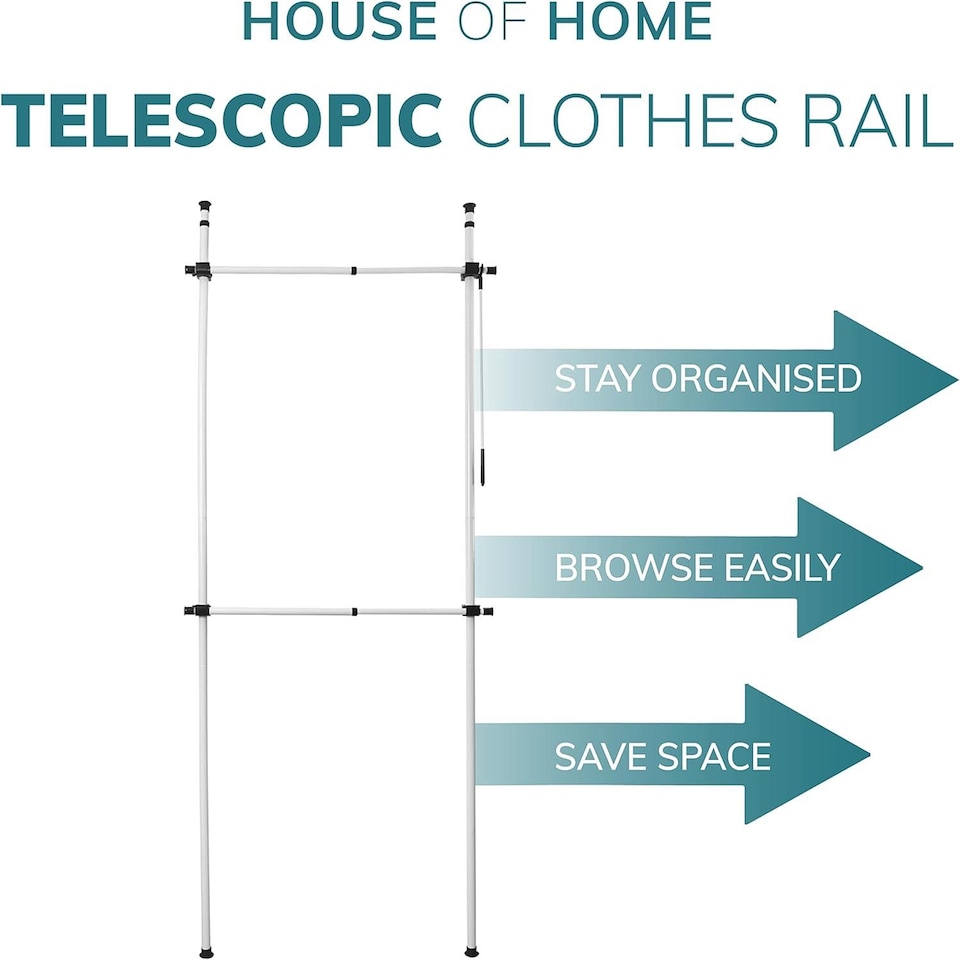 image 1 of House of Home Telescopic White Clothes Rack Wardrobe Organiser Hanging Rail Adjustable Storage | White | Not provided
