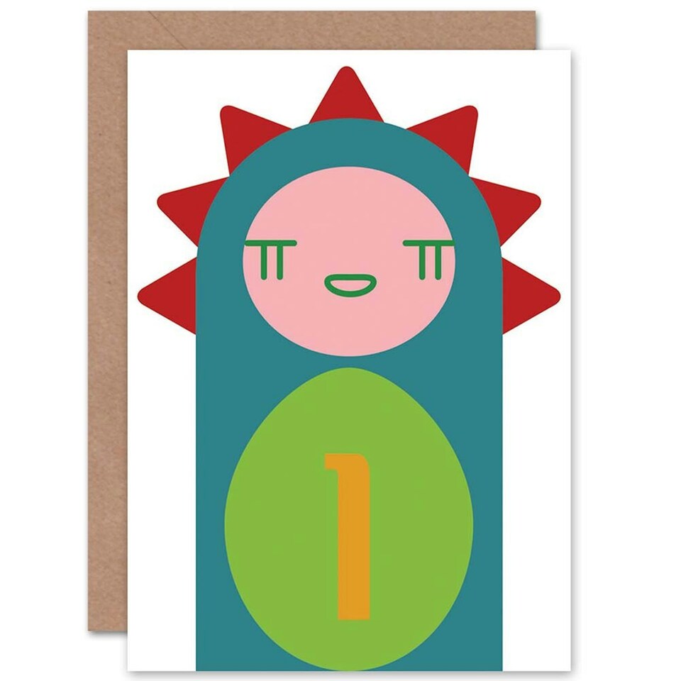 image 1 of Cute Geometric Cartoon Dinosaur Age 1 Year Old Kids 1st Birthday Card