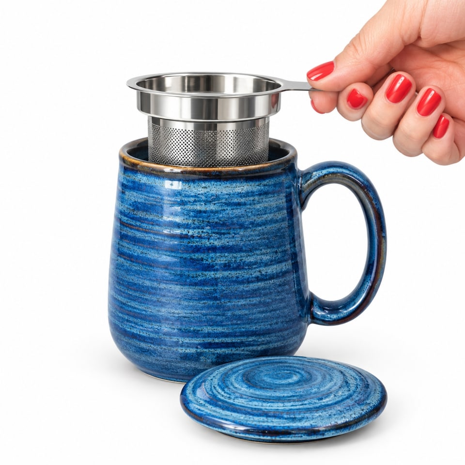 image 1 of Skandi Home 600ml Navy Reactive Glaze Ceramic Aska Infuser Mug with Lid