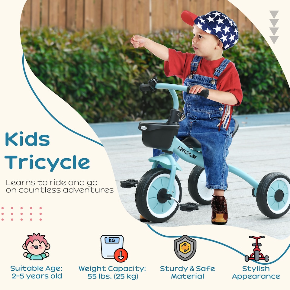 image 1 of AIYAPLAY Trike With Adjustable Seat Basket, Kids Tricycle for 2-5 Years Old, Blue