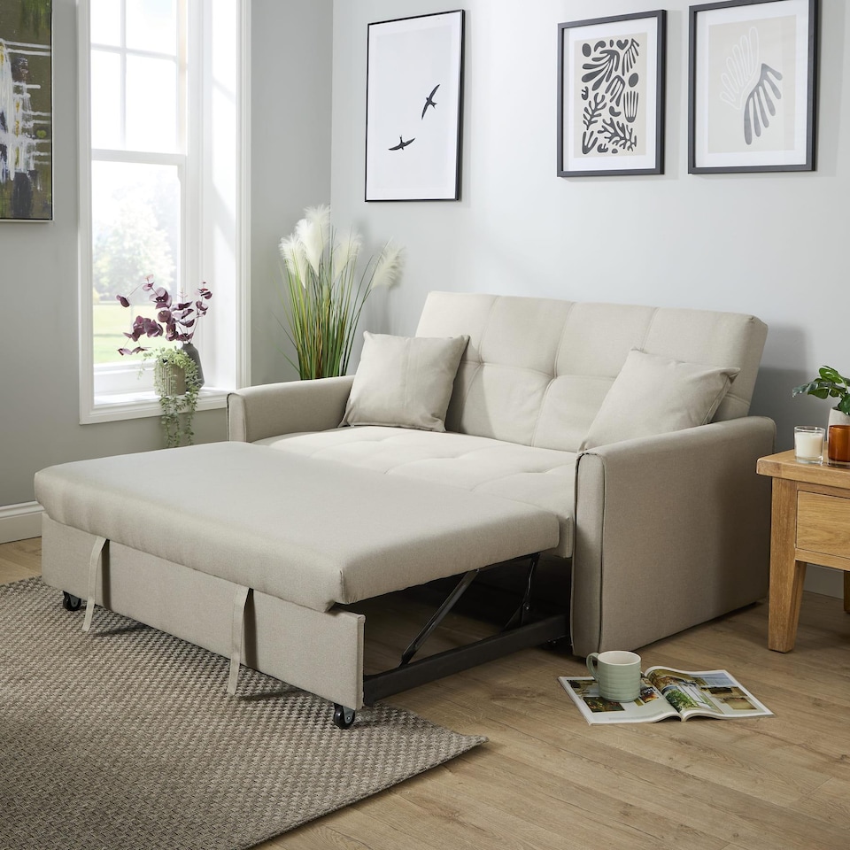 image 1 of Linen Upholstered Two Seater Pull-Out Double Sofa Bed Chair | Cream | Beige