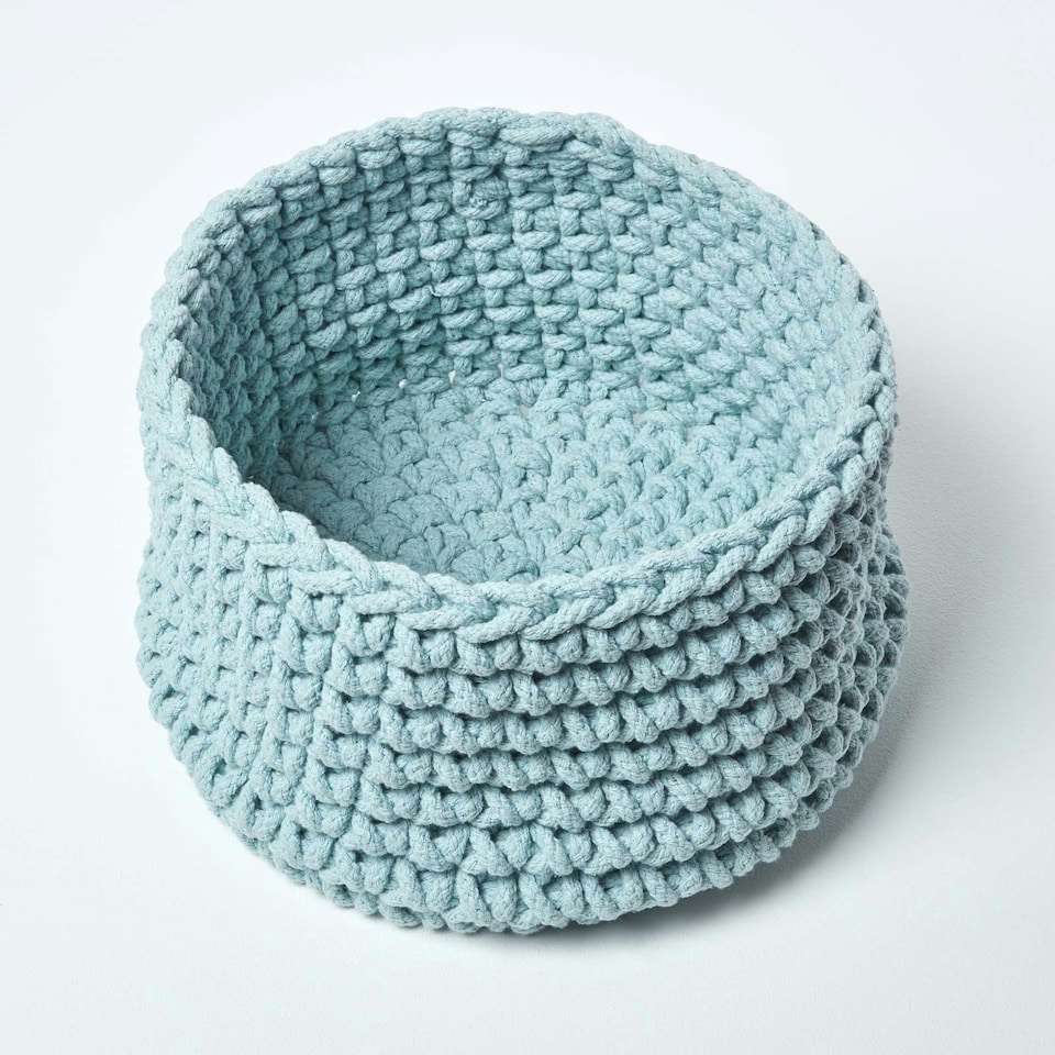 image 1 of Homescapes Pastel Blue Cotton Knitted Round Storage Basket - 37 x 21 cm Blue | M
