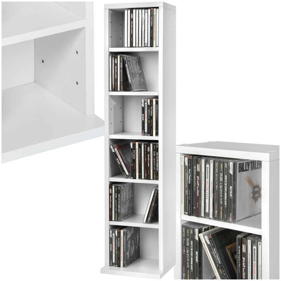 image 1 of CD DVD Storage Tower Media Display Unit Adjustable Shelves Wood Effect 102 CDs or 27 DVDs White