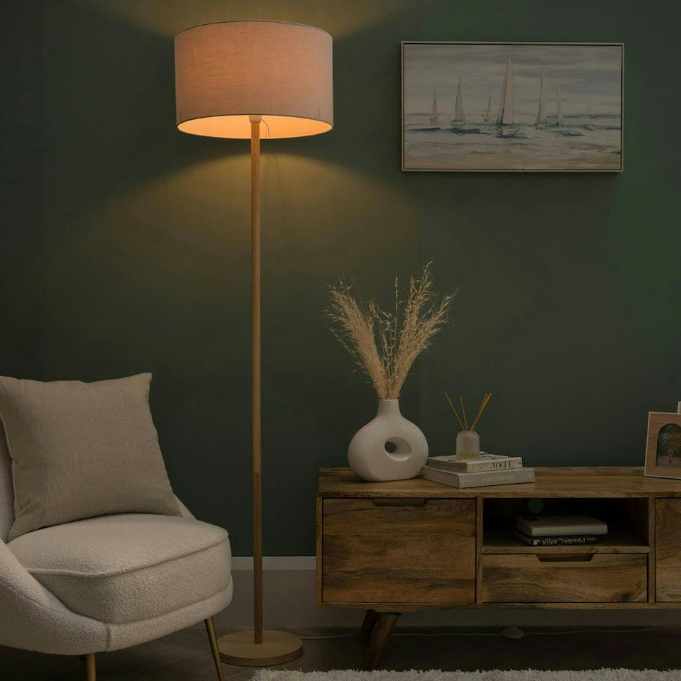 image 1 of ValueLights Modern Scandi Floor Lamp In Light Wooden Finish With Cool Grey Drum Shade