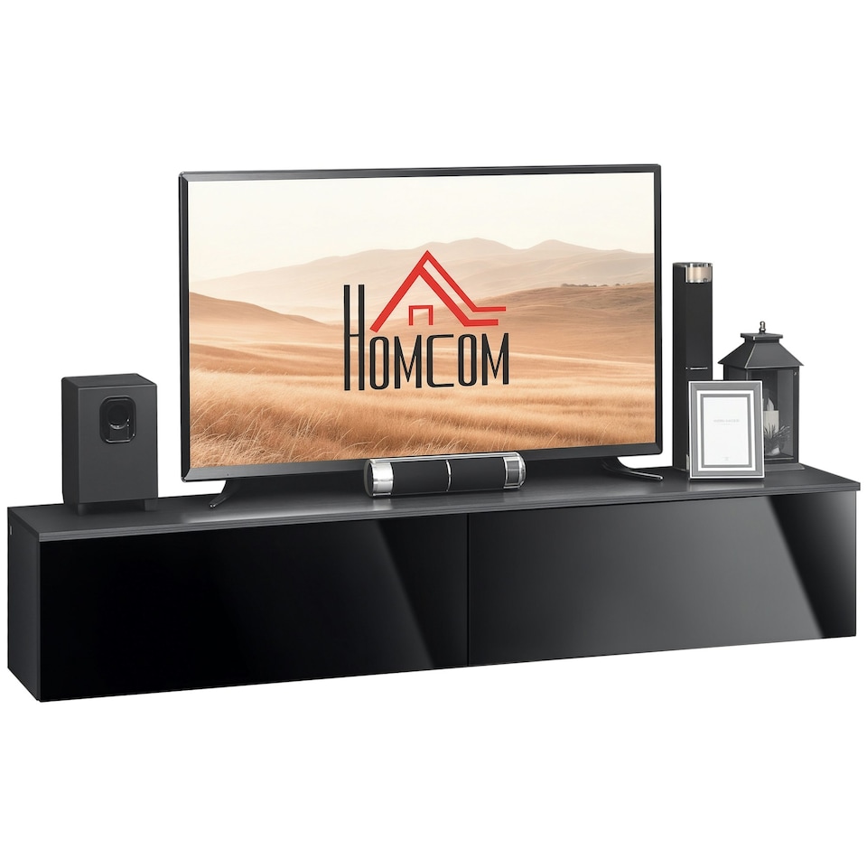 image 1 of HOMCOM Wall Mounted TV Stand Unit with Storage and High Gloss Effect, Black