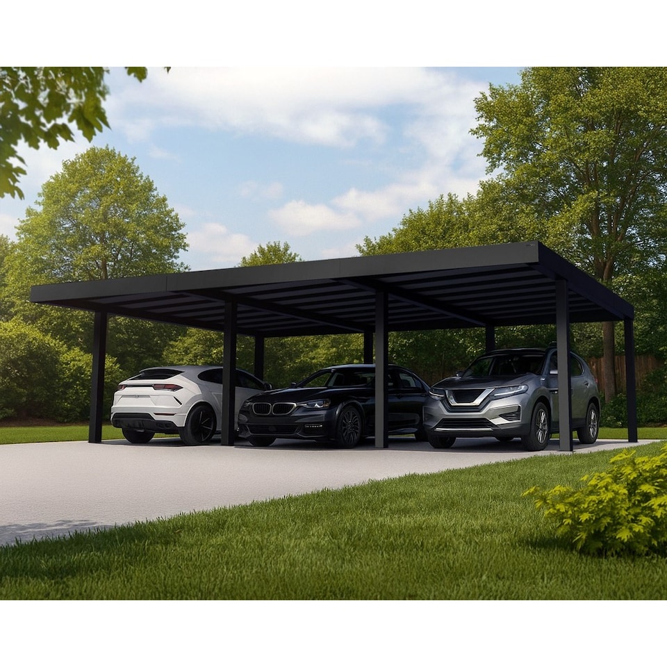 image 1 of Oslo 20 x 30 Feet Carport Kit - Black Structure Grey polycarbonate Panels - L901 x W596.5 x H240.5 cm