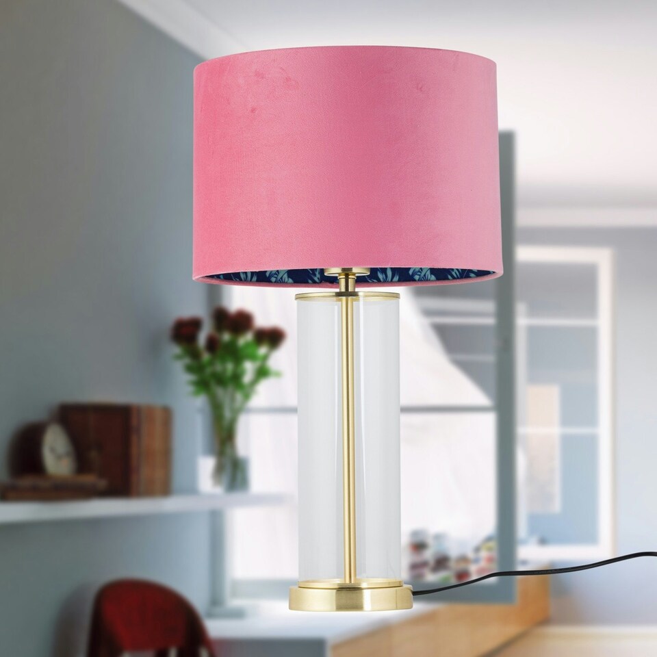 image 1 of Aura - Satin Brass Table Lamp with Pink Velvet Flamingo Shade Bronze | Pink