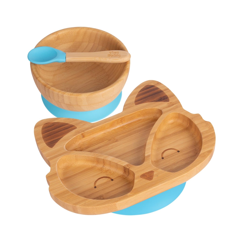 image 1 of Tiny Dining Children's Bamboo Suction Fox Dinner Set - Blue