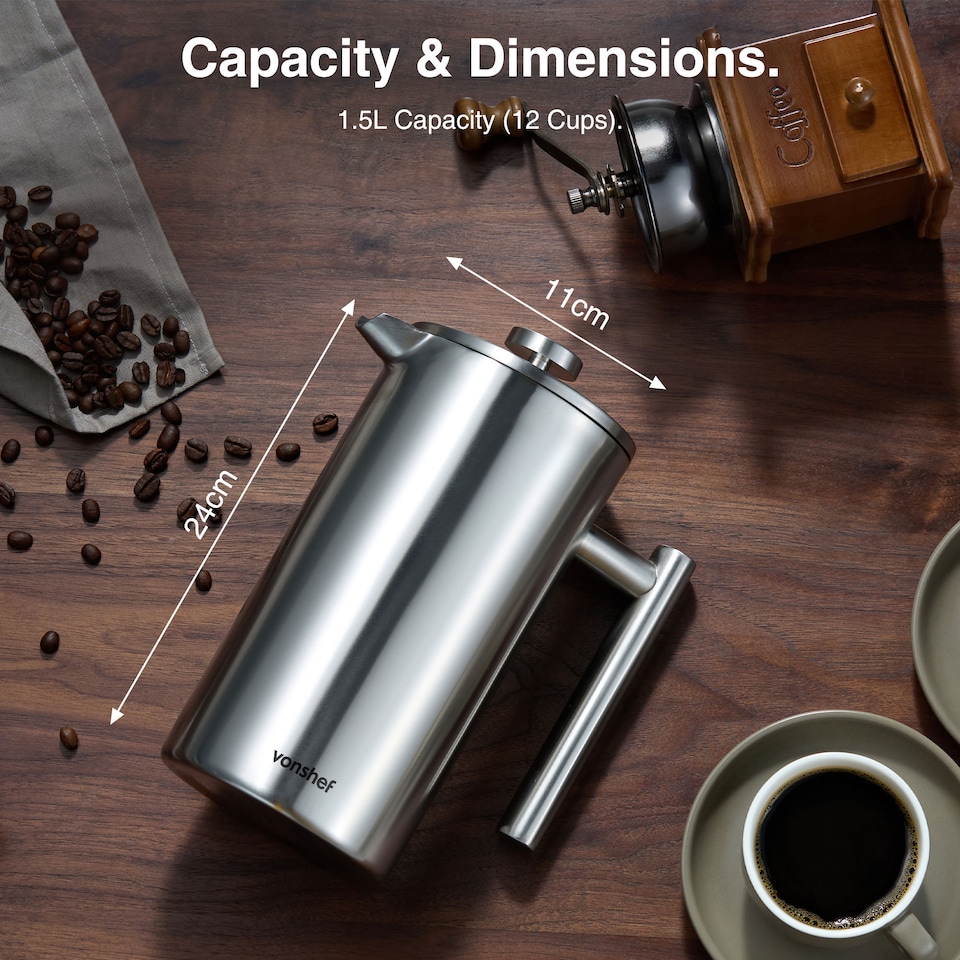image 1 of VonShef 12 Cup Cafetiere, 1.5l Double Walled Stainless Steel