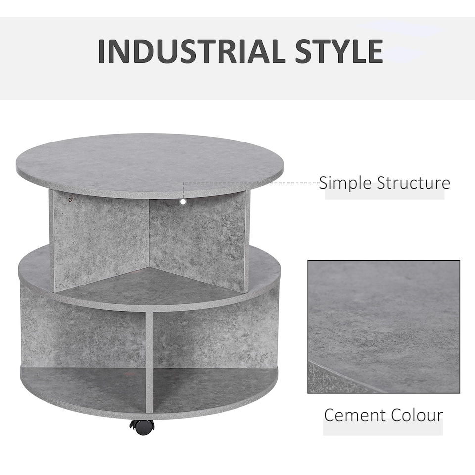 image 1 of HOMCOM Round Coffee Table, Movable Centre Table with Divided Shelves and Rolling Wheels, 3 Tier Living Room Table, Cement Colour | Grey