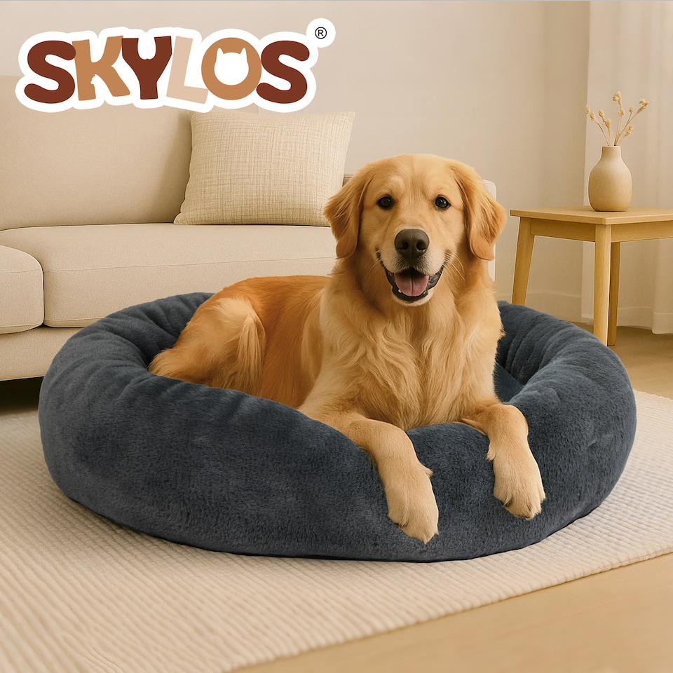 image 1 of Skylos Dog Bed Large Donut Plush Soft Cat Calming Beds Pet Anti Anxiety | Grey | 80 x 60cm | One Size