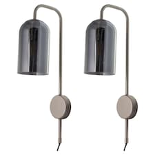 Set of 2 Victoria - Satin Nickel Plug in Wall Lights with Glass Shades | Chrome | Grey | 2