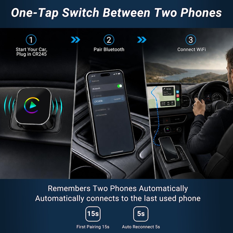 image 1 of 2-in-1 Wireless CarPlay & Android Auto Adapter - August CR245