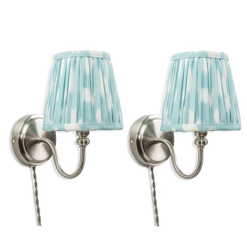 image 1 of ValueLights Neely Pair of - Plug in Brushed Chrome Easy Fit Wall Lights with Blue Pleated Tapered Lampshade - Bulbs Included
