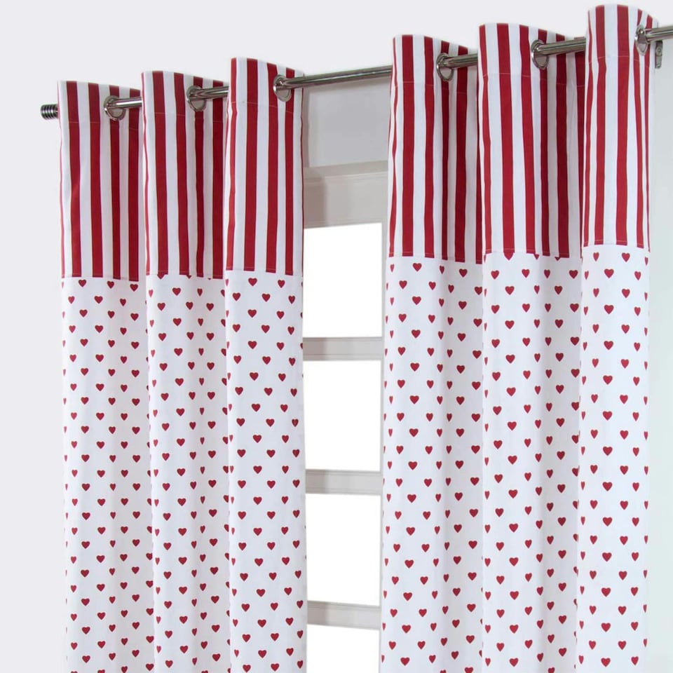 image 1 of Homescapes Red Love Hearts Ready Made Eyelet Curtain Pair - 117 x 137 cm Drop | Red | Red