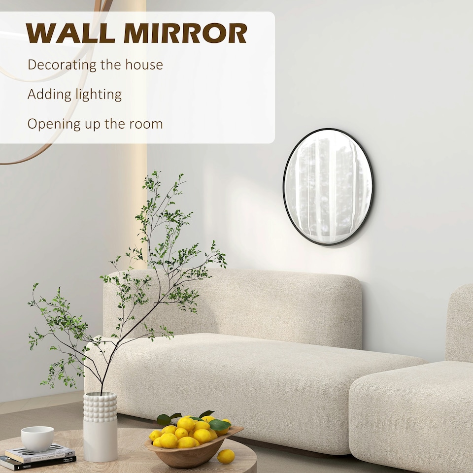 image 1 of HOMCOM Wall Mirror for Living Room Bedroom, 61 cm Circle Bathroom Mirror, Black