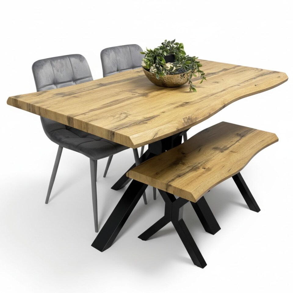 image 1 of Wooden Dining Table with 2 Grey Velvet Chairs and Bench Dining Room