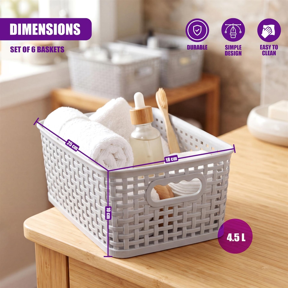 image 1 of GEEZY Small Plastic Storage Baskets Set of 6 Grey Woven Style Stackable Organizers