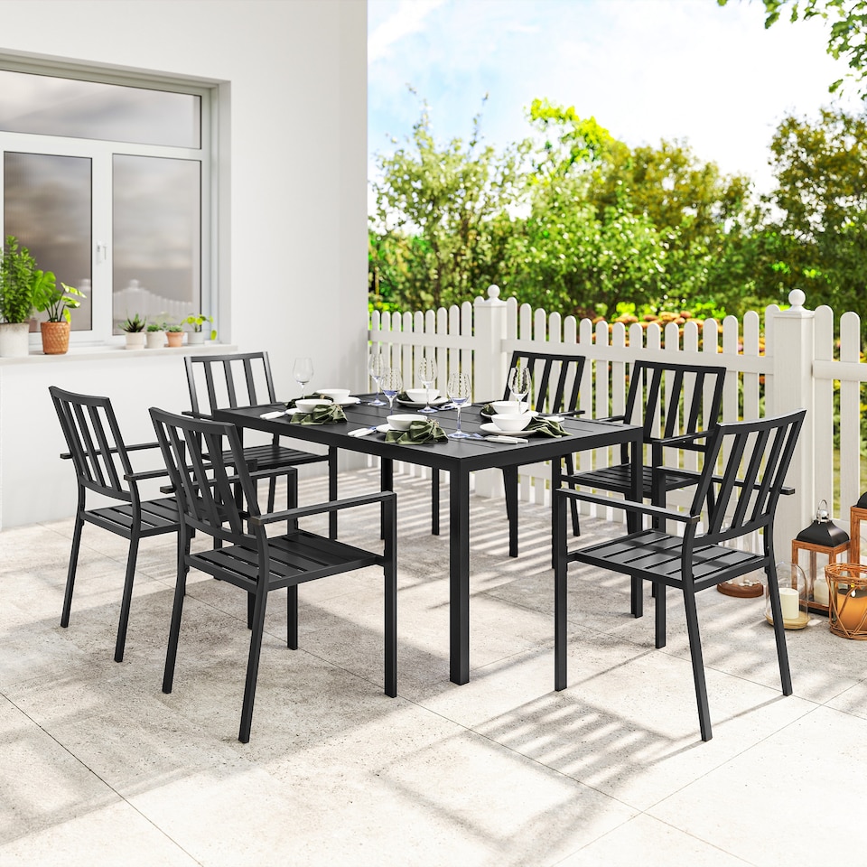 image 1 of Outsunny 7 PCs Garden Dining Set w/ Stackable Chairs and Metal Top Table, Black | Black