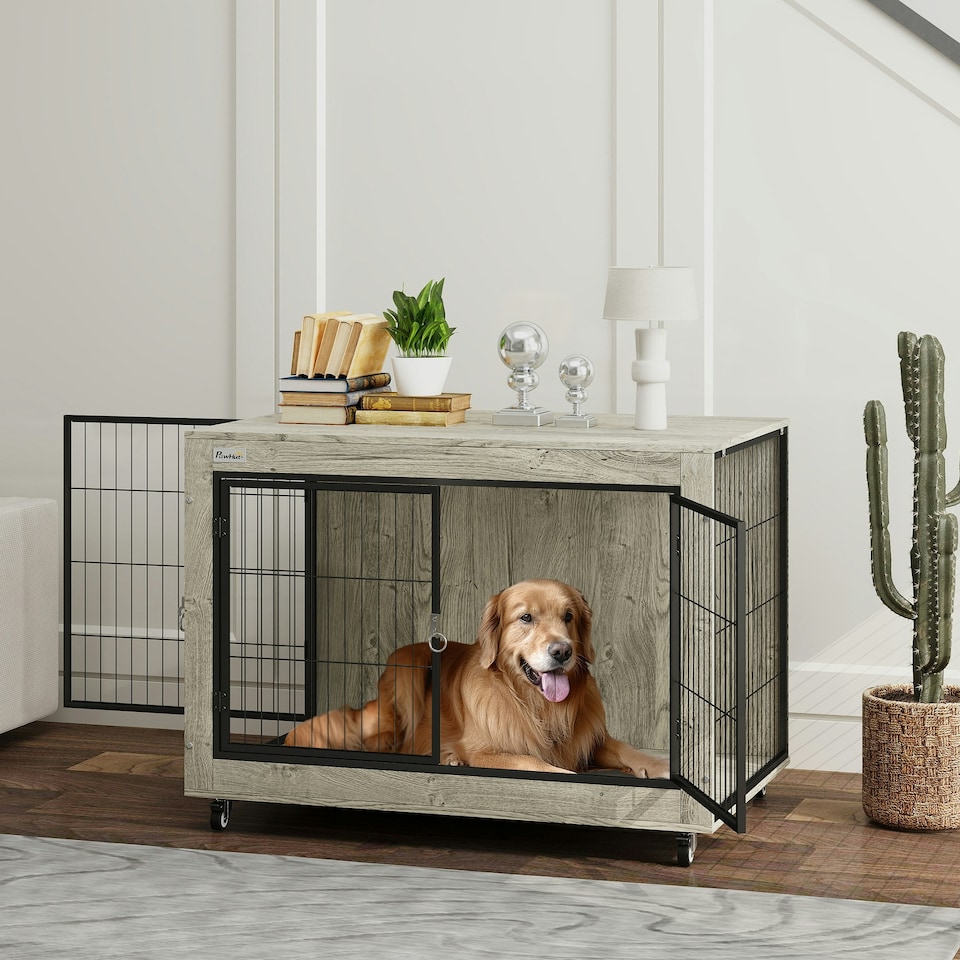 image 1 of PawHut Dog Crate Furniture on Wheels, for Large Dogs