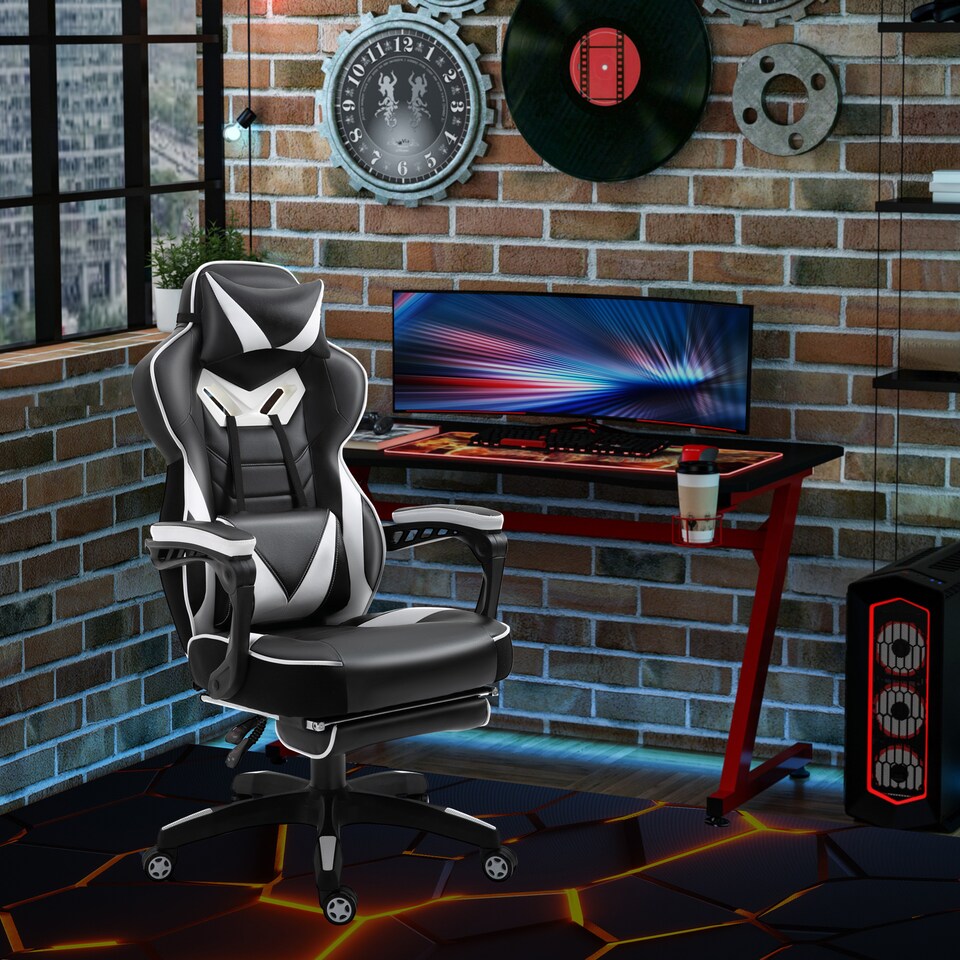 image 1 of Vinsetto Computer Gaming Chair, Racing Desk Chair with Lumbar Support and Footrest, PU Leather Gamer Chair with Headrest and Swivel Wheels for Home, White