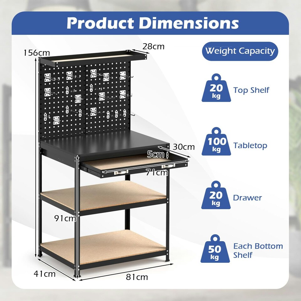 image 1 of COSTWAY Workbench 290KG Work Table w/2 PCS Pegboard-Black