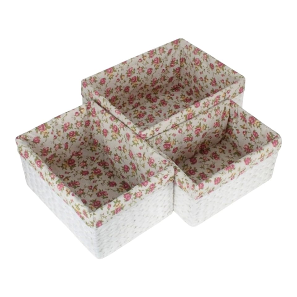 image 1 of Set of 3 Paper Rope Rectangular Storage Basket with Garden Rose Cotton Lining | Multi | Garden Rose | Not provided