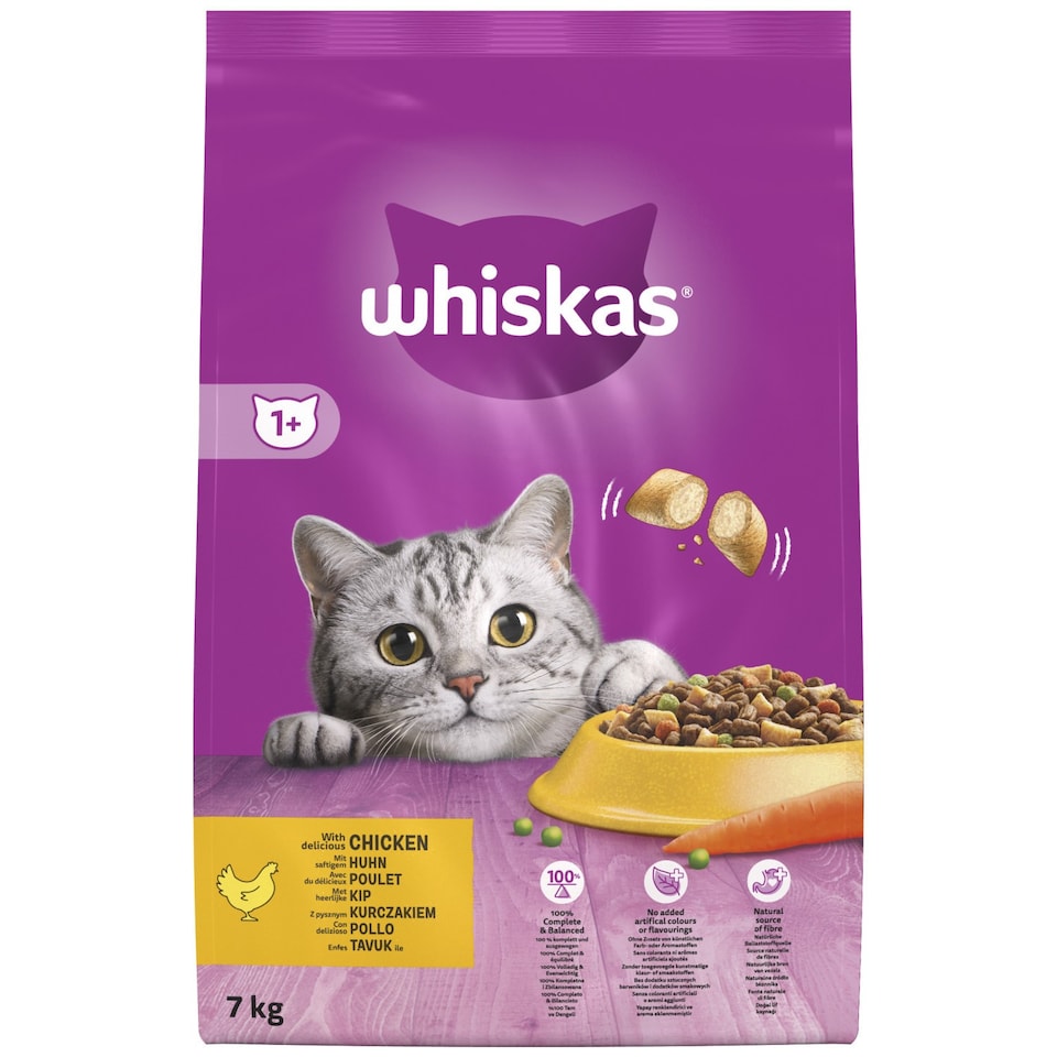image 1 of 7kg Whiskas 1+ Adult Complete Dry Cat Food Chicken Bulk Pack Cat Biscuits