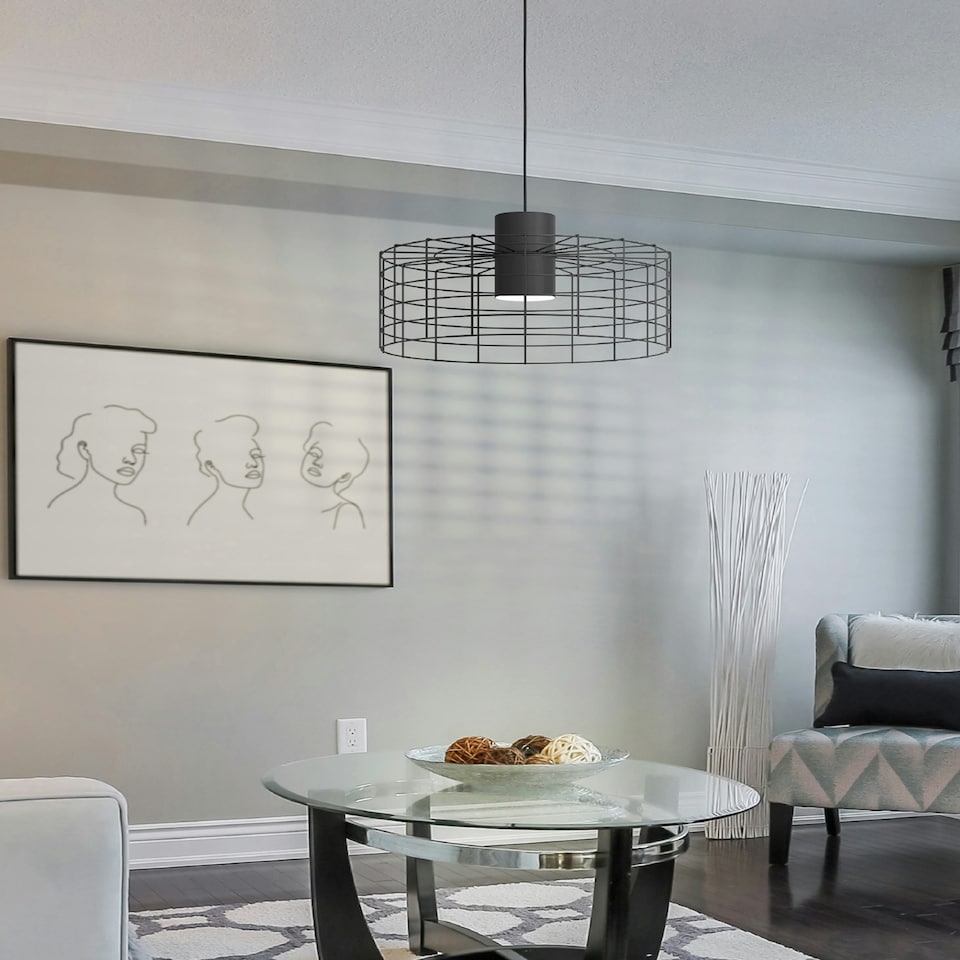 image 1 of EGLO Milligan IP20 Industrial Black Steel Caged Pendant Light Black