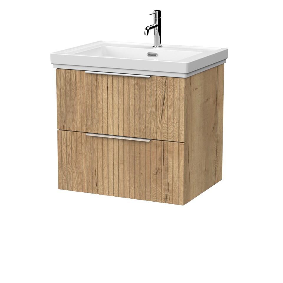 image 1 of Balterley Callingwood Contemporary Wall Hung 2 Drawer Vanity Unit with Traditional 1 Tap Hole Fireclay Basin , 600mm, Autumn Oak