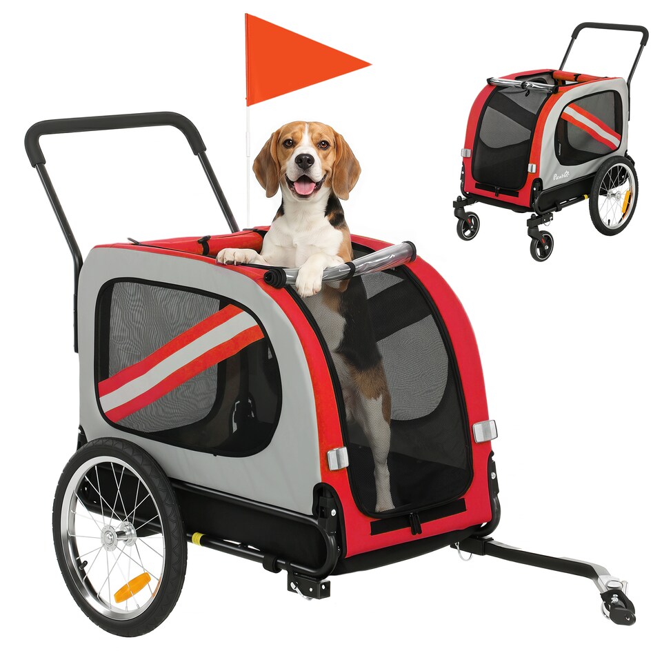 image 1 of PawHut 2-In-1 Dog Bike Trailer Stroller w/ Universal Wheel Reflector Flag