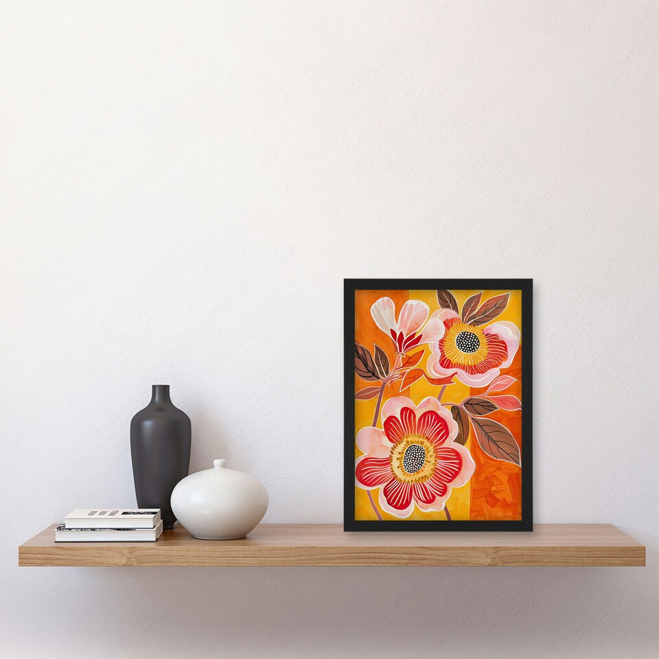 image 1 of Abstract Pink Wildflowers Bright Living Room Black Framed Wall Art Print A4