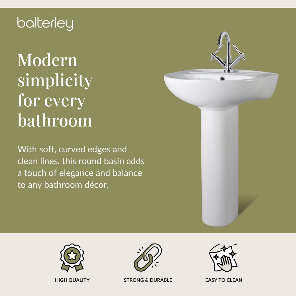 image 1 of Balterley Adley Round 1 Tap Hole Ceramic Basin with Full Pedestal Bathroom Sink Tap Not Included | White | White